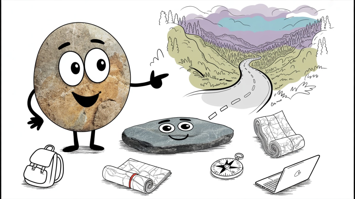 Anthropomorphic stone characters on a travel road representing homeschooling while traveling
