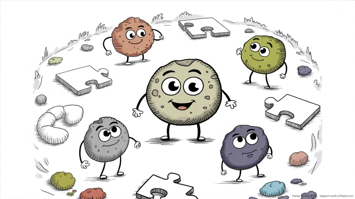 Friendly stone characters exploring logic board games together