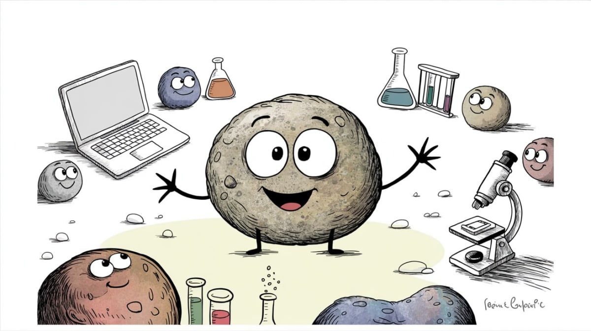 Friendly stone character exploring virtual science labs equipment and beakers