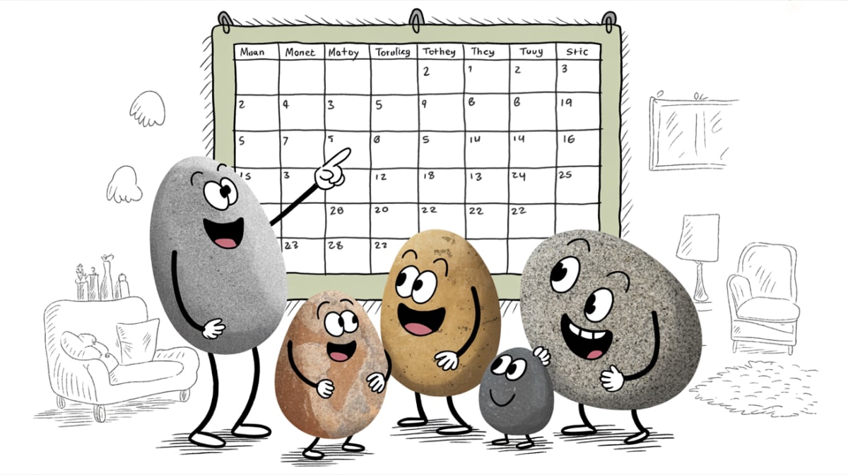 Family wall calendar with happy stone characters planning together