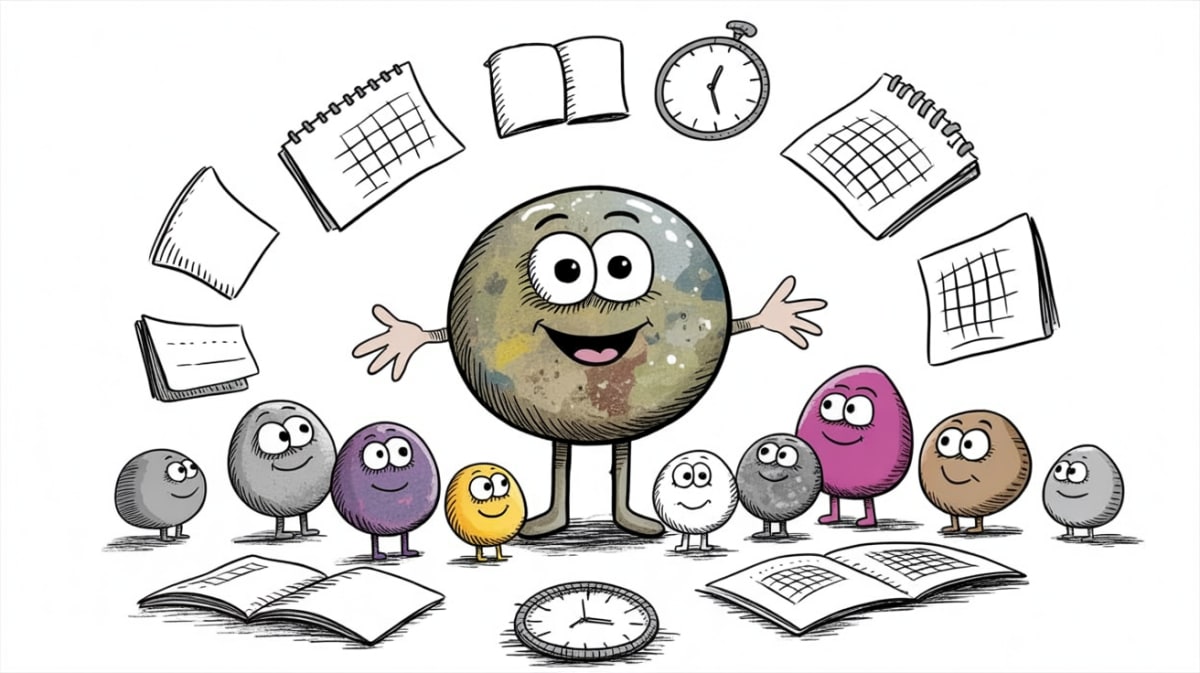 Friendly stone characters planning a homeschool daily schedule together