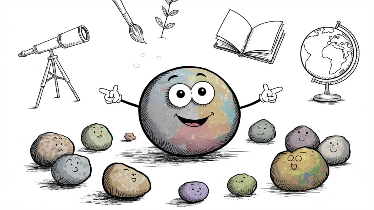 Friendly stone character surrounded by learning symbols representing homeschool unit studies approach