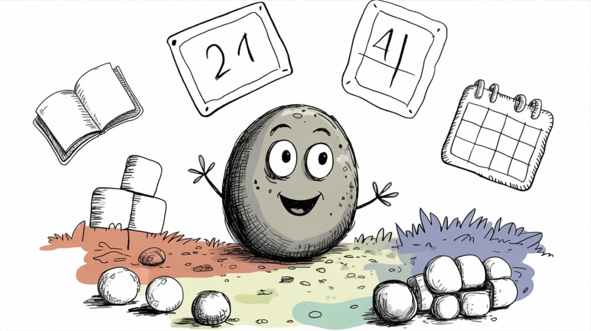 Friendly stone character surrounded by educational elements representing kindergarten homeschool curriculum