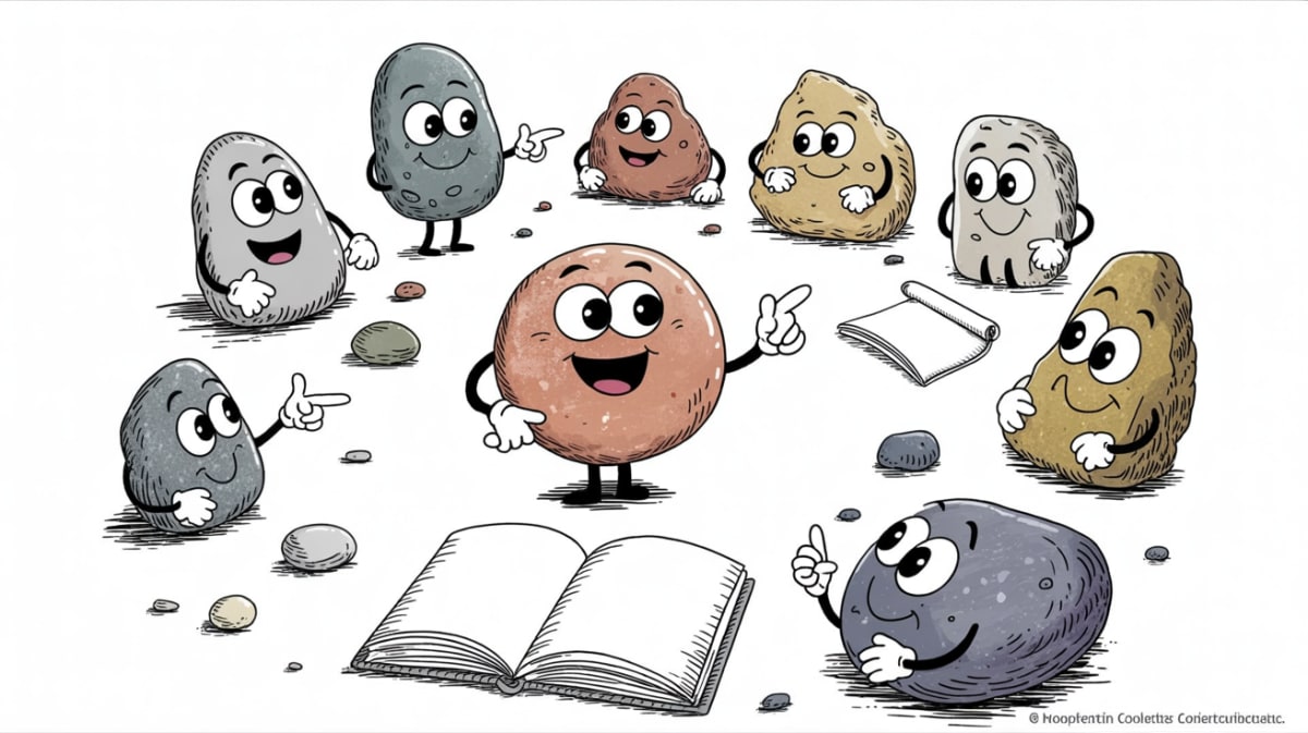 Friendly anthropomorphic stone characters gathered together representing free educational resources
