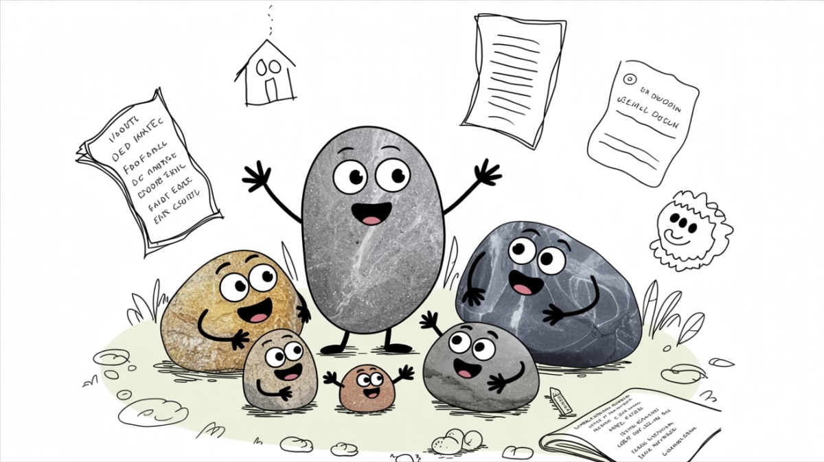 Friendly anthropomorphic stone characters representing homeschooling in Texas community support