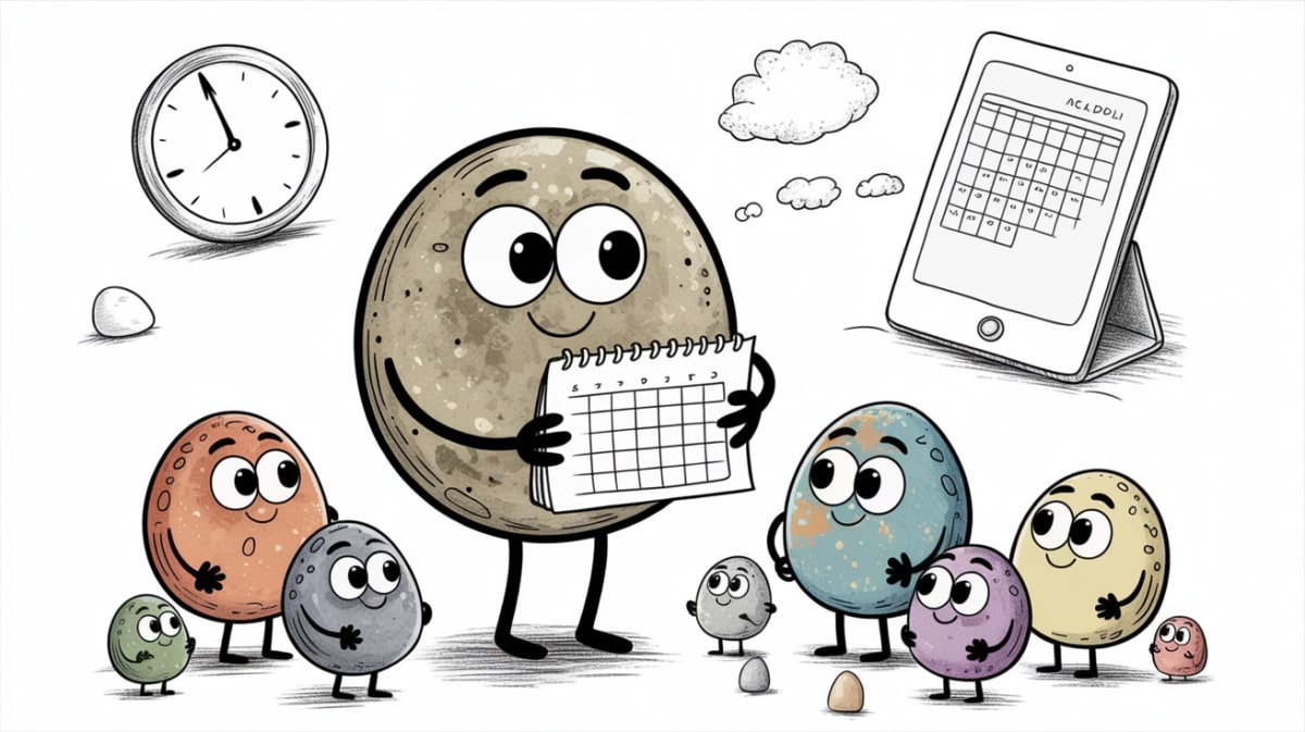 Friendly stone characters planning screen time limits together as a family