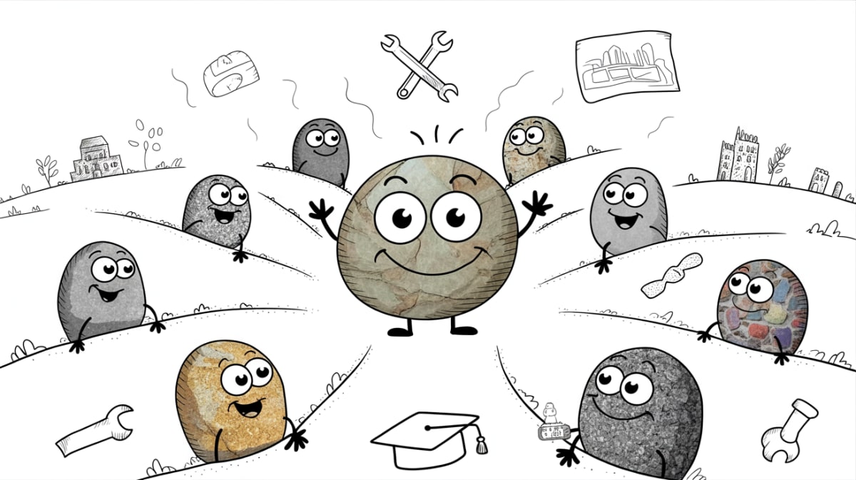 Cheerful stone characters exploring trade certifications pathways