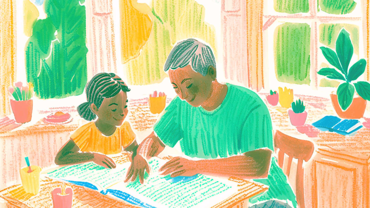 Parent teaching child at home in Florida as part of a homeschool setup