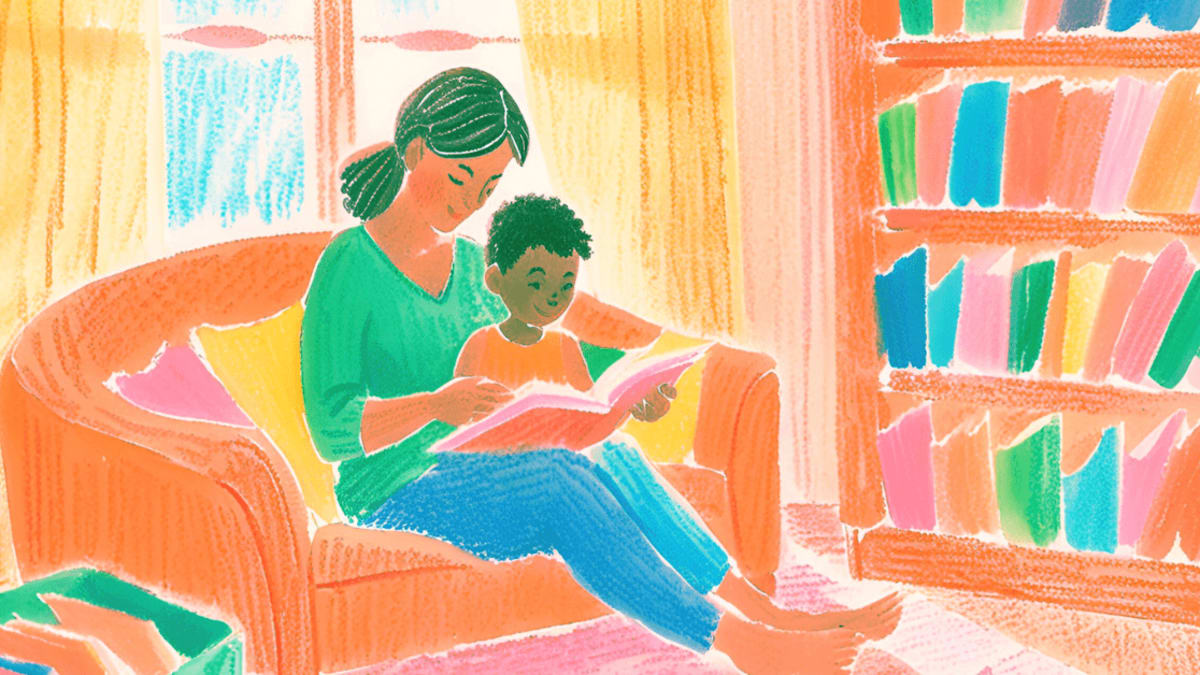 Mother guiding a child in a kindergarten homeschool reading session Title: Kindergarten Homeschool Reading Session