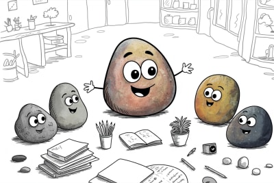 Project-based homeschool collaboration with cheerful stone characters learning together