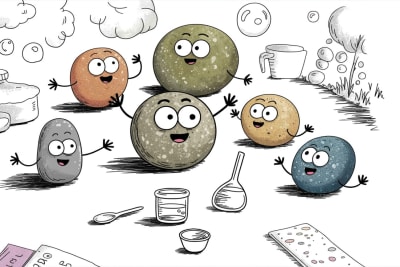 Stone characters conducting simple science experiments together at kitchen table
