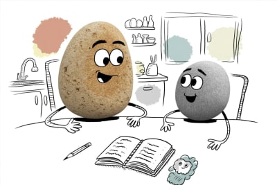 Parent and student stone characters engaged in critical thinking exercises at a kitchen table