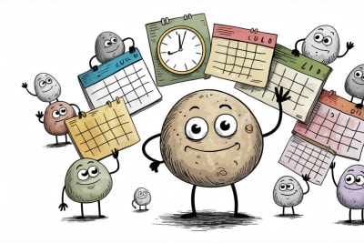 Homeschool schedule template: cheerful stone character surrounded by planning elements