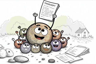 Friendly stone character celebrating a homeschool transcript with supportive pebble friends