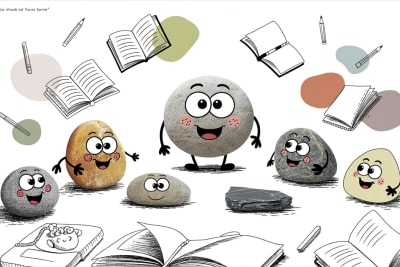 Homeschool writing curriculum concept with friendly stone characters