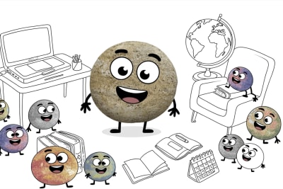 Homeschooling middle school setup with cheerful stone characters in organized learning space
