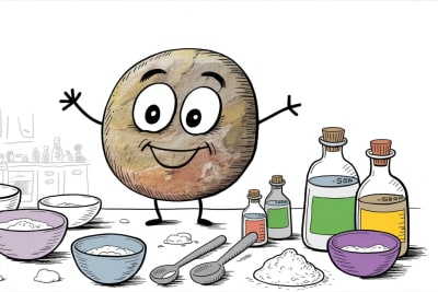 Friendly stone character excited about at-home science experiments in a kitchen