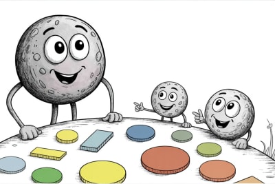 Fractions with manipulatives: stone characters exploring colorful fraction circles and bars