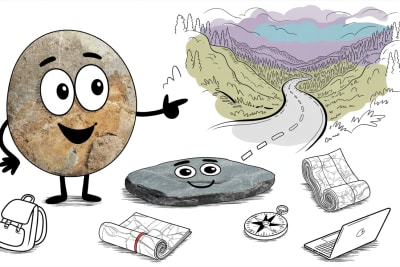 Anthropomorphic stone characters on a travel road representing homeschooling while traveling