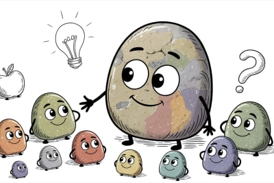Friendly stone characters learning together, AI for students concept illustration