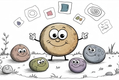 Friendly stone characters exploring AI learning tools together