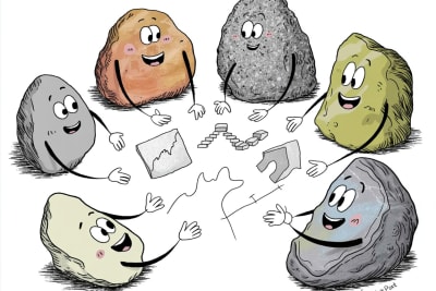 Stone characters collaboratively building a family media plan step by step
