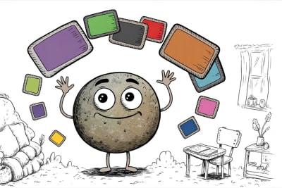 Anthropomorphic stone character managing screen time management with floating device icons