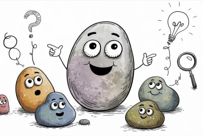 Anthropomorphic stone characters exploring critical thinking skills through curious expressions and discovery symbols
