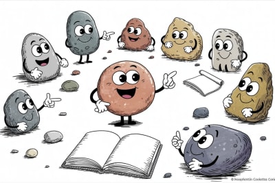 Friendly anthropomorphic stone characters gathered together representing free educational resources