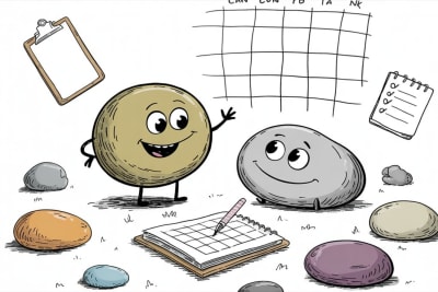 Friendly stone characters planning homeschool attendance tracking system