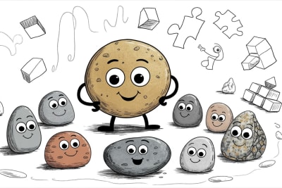 Anthropomorphic stone characters learning together, Roblox education concept