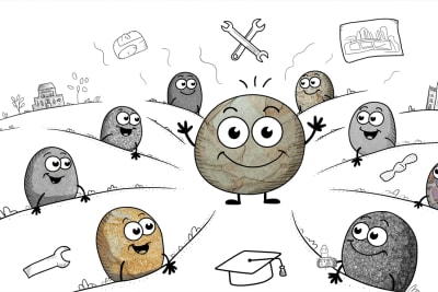Cheerful stone characters exploring trade certifications pathways