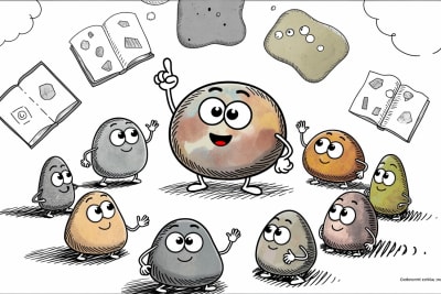 Friendly stone characters learning together, representing acellus for homeschool
