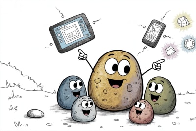 Anthropomorphic stone characters exploring augmented reality education with digital learning tools