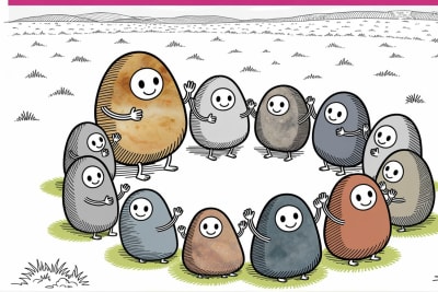 Anthropomorphic stone characters discussing faith-based homeschool curriculum together