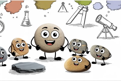 Friendly anthropomorphic stone characters gathered for homeschool science curriculum discussion