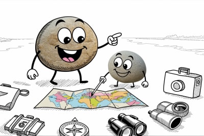 Friendly stone characters planning homeschool travel deals with map and compass