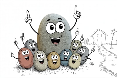 Family empowerment scholarship concept with cheerful stone characters celebrating together