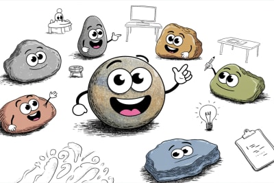 Anthropomorphic stone characters exploring homeschool job opportunities in a collaborative workspace