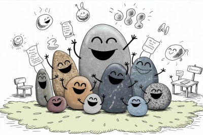 Friendly anthropomorphic stone characters gathered together representing microschool florida community learning