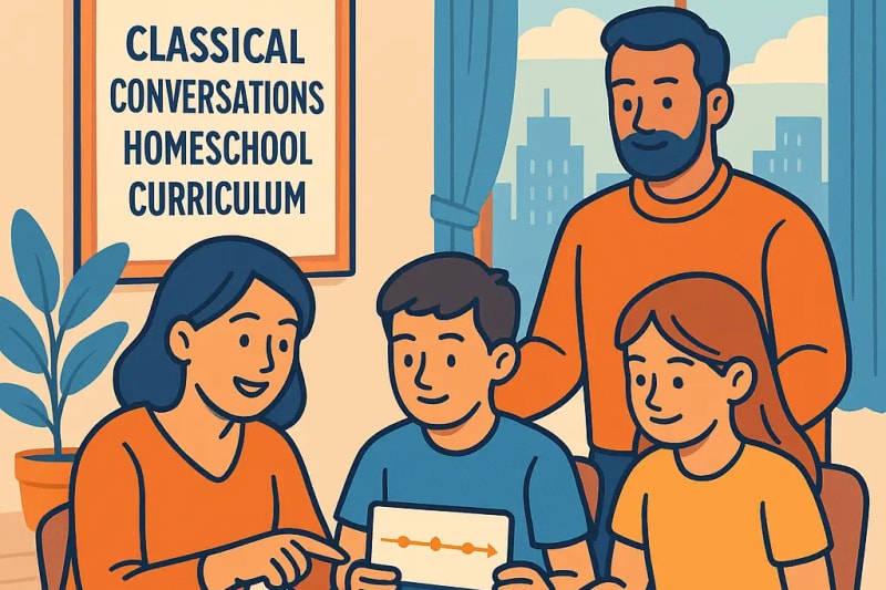 Family studying around a table using Classical Conversations homeschool curriculum resources