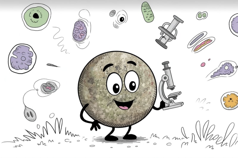 Friendly stone character exploring biology microscope learning for homeschool