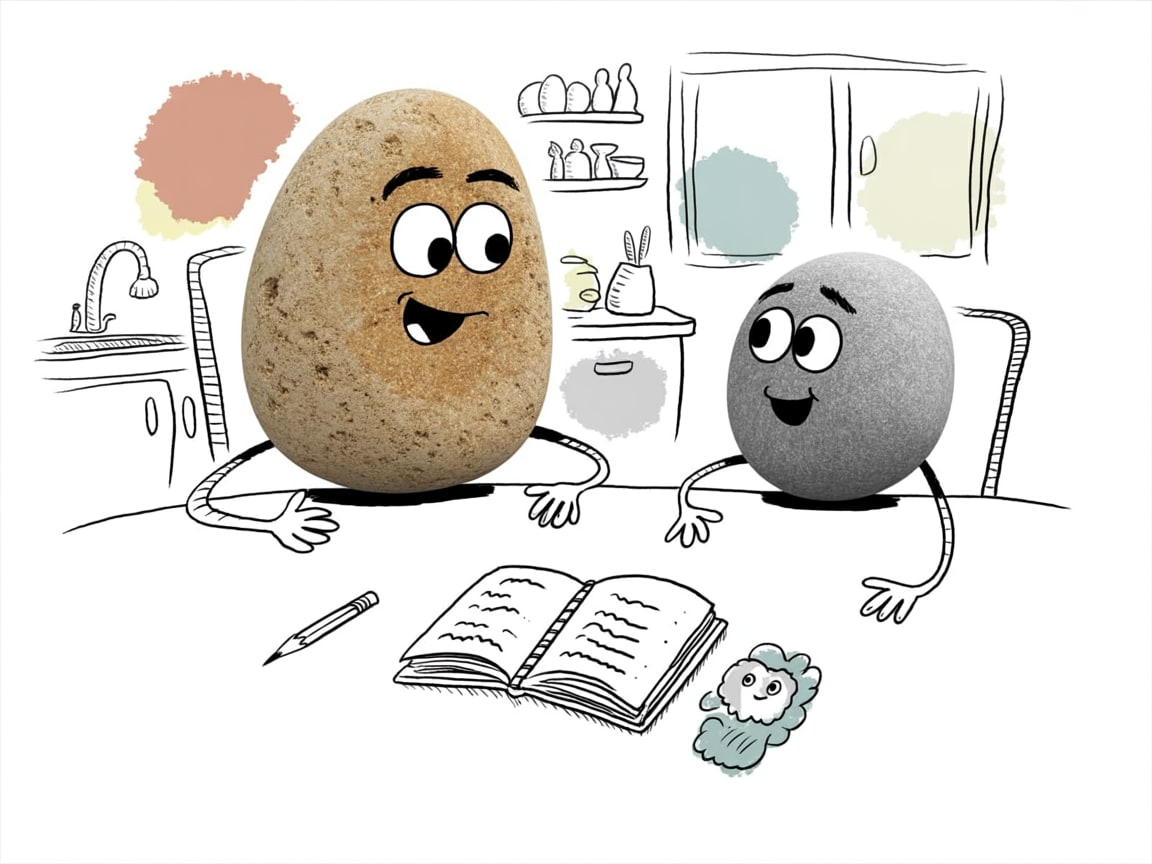 Parent and student stone characters engaged in critical thinking exercises at a kitchen table