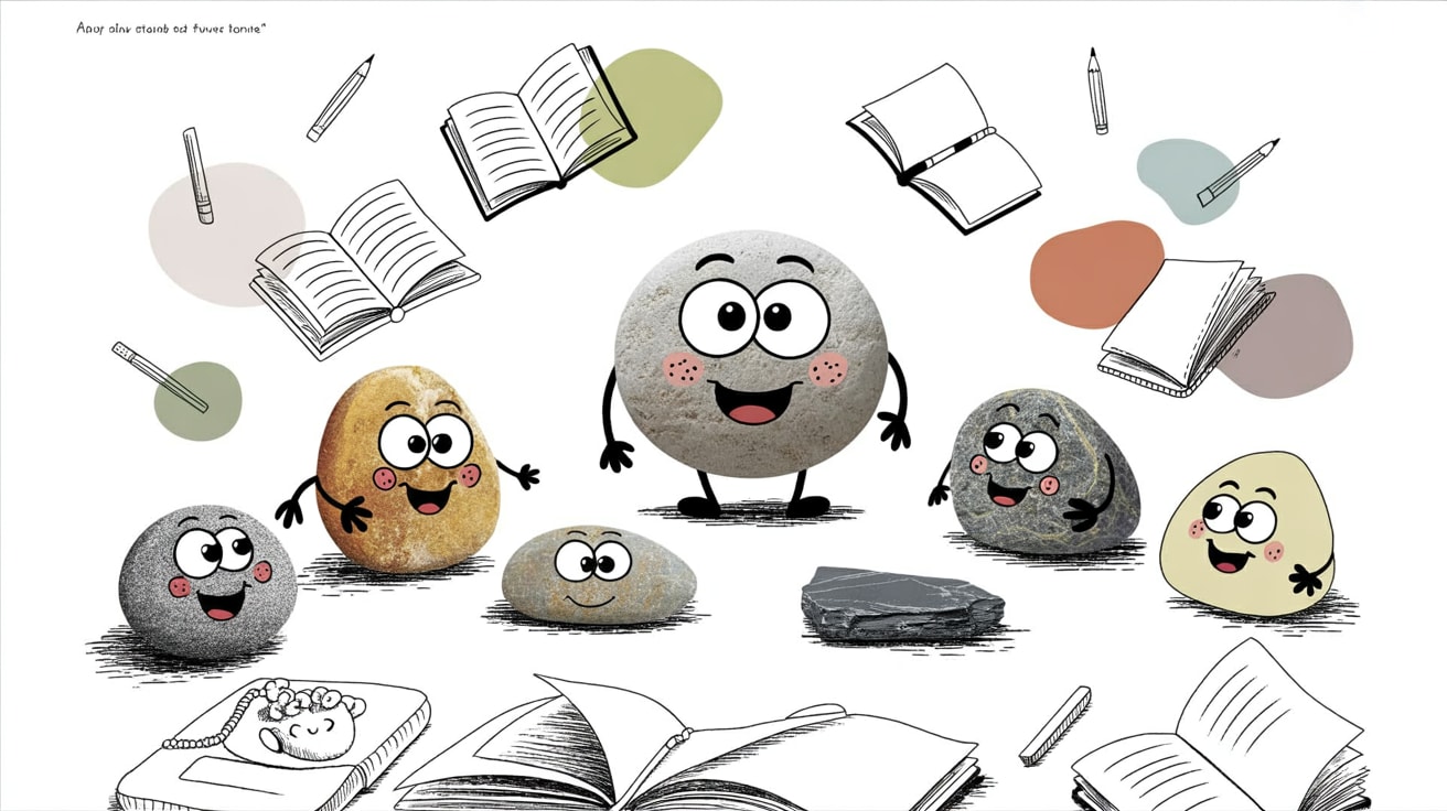 Homeschool writing curriculum concept with friendly stone characters