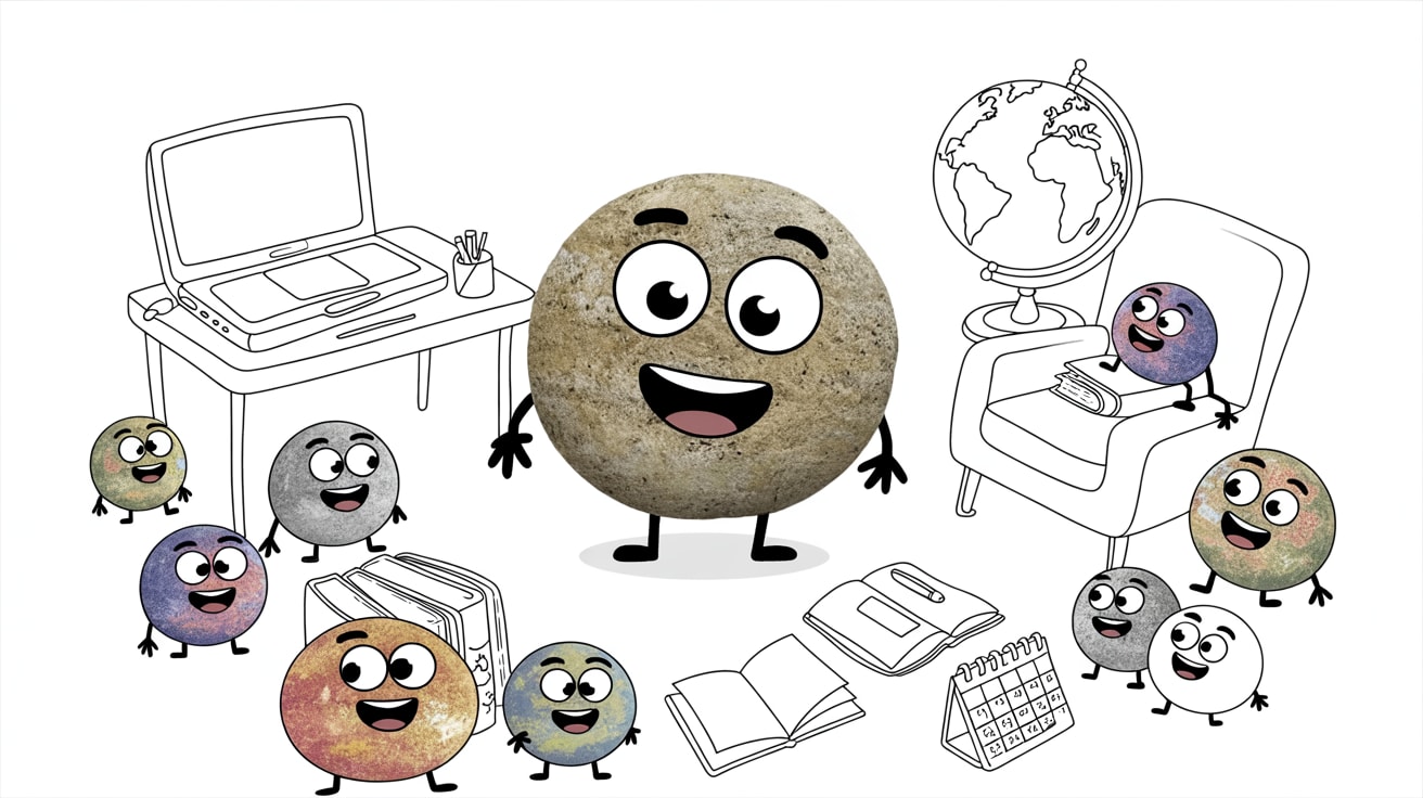 Homeschooling middle school setup with cheerful stone characters in organized learning space