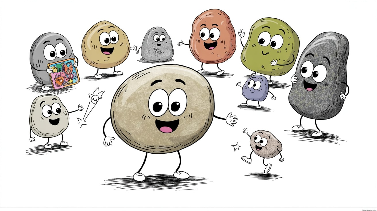 Vocabulary building activities with friendly anthropomorphic stone characters learning together