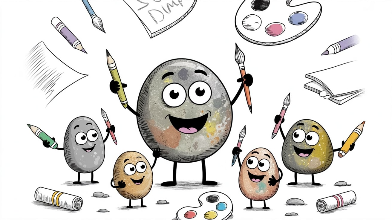 Homeschool art curriculum: cheerful stone characters with art supplies