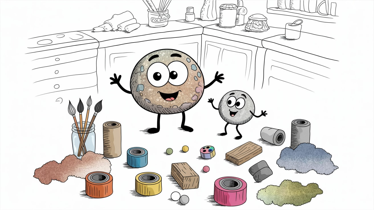 Friendly stone characters surrounded by homeschool makerspace setup materials on a home table