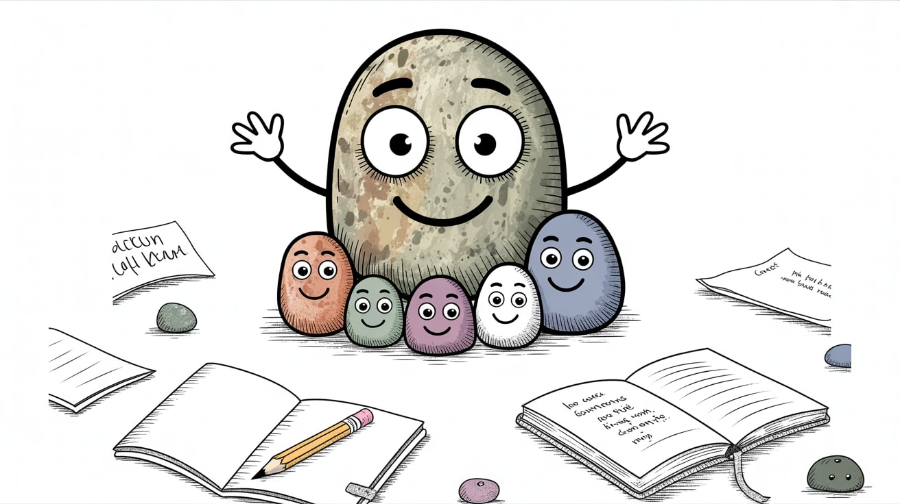 Friendly stone character supporting homeschool dyslexia learning with supportive pebbles
