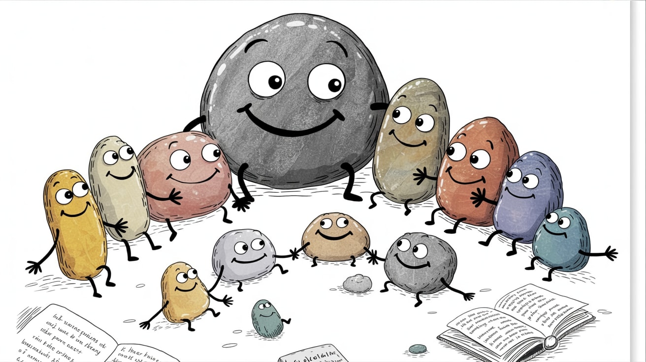 Friendly anthropomorphic stone characters gathered together representing sonlight homeschool curriculum community